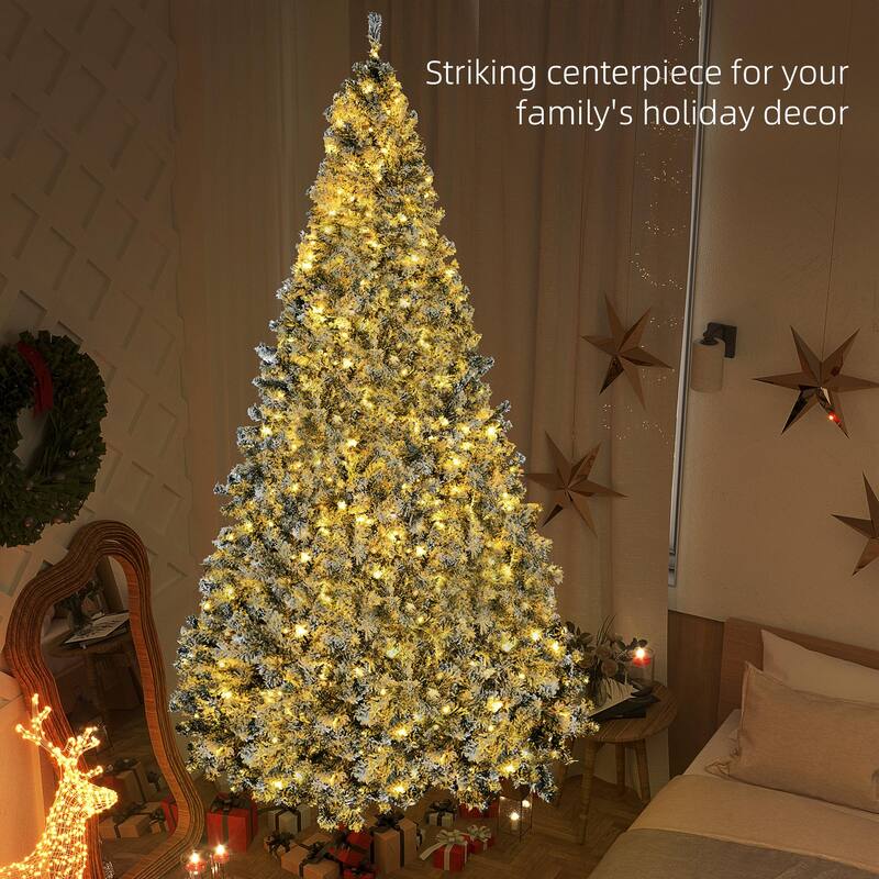 HOMCOM 9ft Tall Prelit Artificial Christmas Tree Holiday Décor with 1868 Snow Flocked Branches, 600 Warm White LED Lights