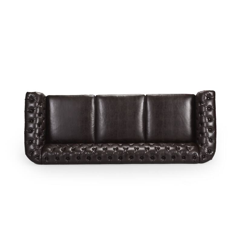 84.75" PU 3-Seater Sofa, Button Tufted, Nailhead Trim and Scrolled Arms