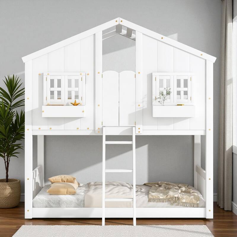 Twin Over Twin Wooden House Bunk Bed with Roof, Windows, Door, and Ladder, Kids Playhouse Bed with Guardrails - White - Twin
