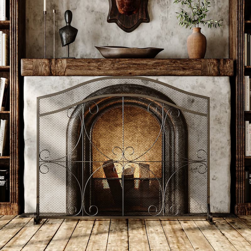 Vintage Wrought Iron Fireplace Screen with Arched Top, Decorative Scroll Design, Sturdy Mesh Spark Guard for Home Hearth