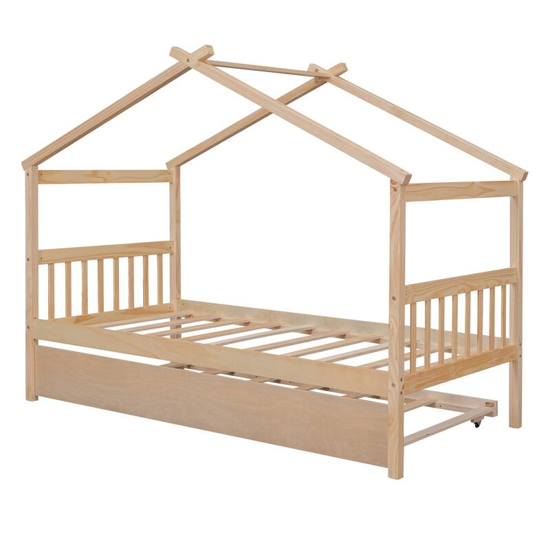 Twin/Full House Bed with Pull-Out Trundle, Solid Pine Wood Frame for Sleepovers