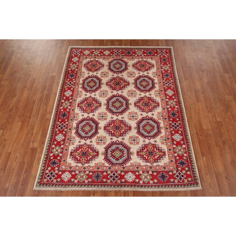 Beige / Ivory Kazak Oriental Area Rug Hand-Knotted Wool Carpet - 4'11" x 6'6"