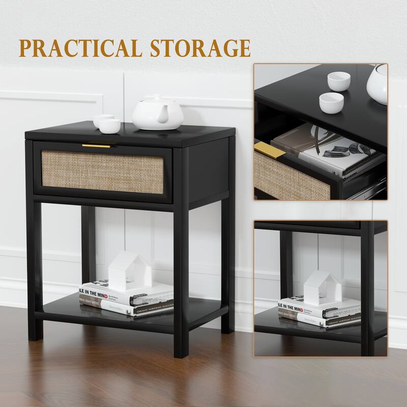 Anmytek 24" H Mid-Century Modern Wood Nightstand End Table with Storage Drawer and Open Shelf Rattan Bedside Table