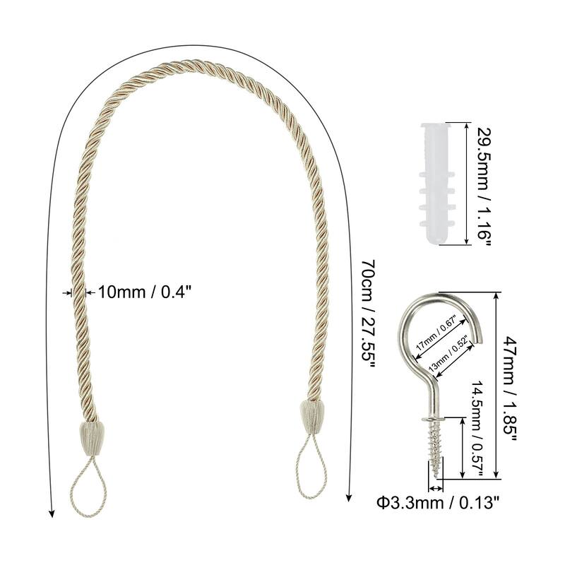 2pcs Curtain Tiebacks Ropes, Decorative Tie Backs with Hooks & Bolts