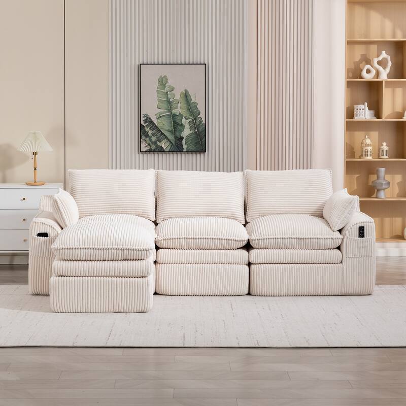 L Shaped Sectional Sofa Corduroy Upholstered Boneless Couches with Movable Footstool, With Three Pillows and Two Lumbar Pillows