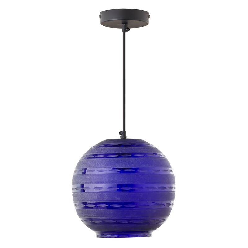 Hayley River of Goods Black Metal and Blue Blown Glass 9.5-Inch Pendant Light with Adjustable Hanging Cord - 9.5" x 9.5" x 64"