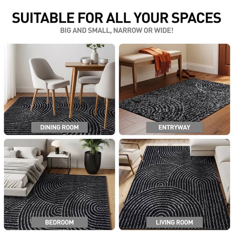 Circles Arch Shag Rug - Durable & Soft for High-Traffic Areas - Anthracite Dark Gray - Kid Friendly