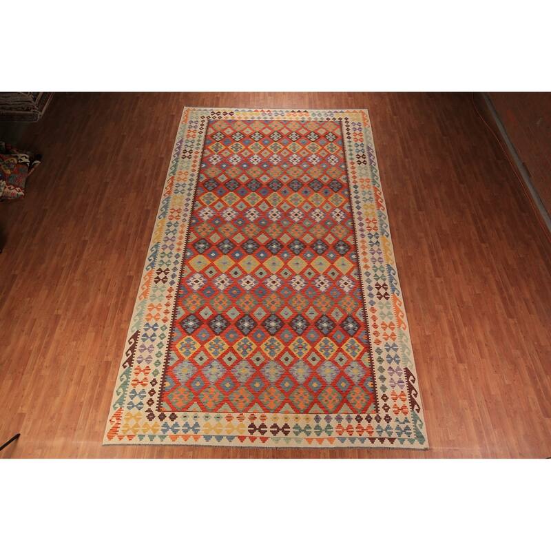 Orange Trellis Kilim Oriental Area Rug Hand-Woven Wool Carpet - 6'2" x 9'10"