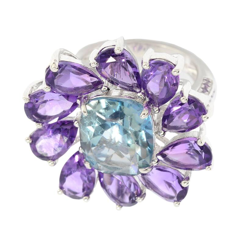 925 Sterling Silver Aqua Quartz and African Amethyst Ring