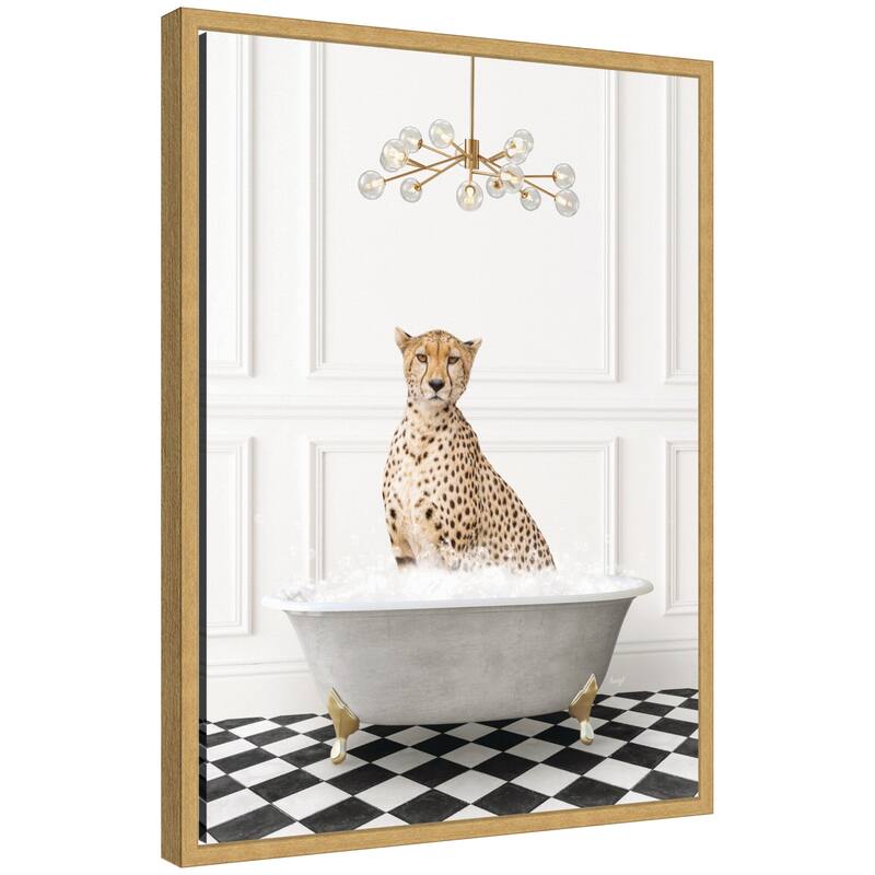 Kate and Laurel Sylvie Cheetah in Gray Bathtub on Checker Floor Framed Canvas by Amy Peterson - Gold