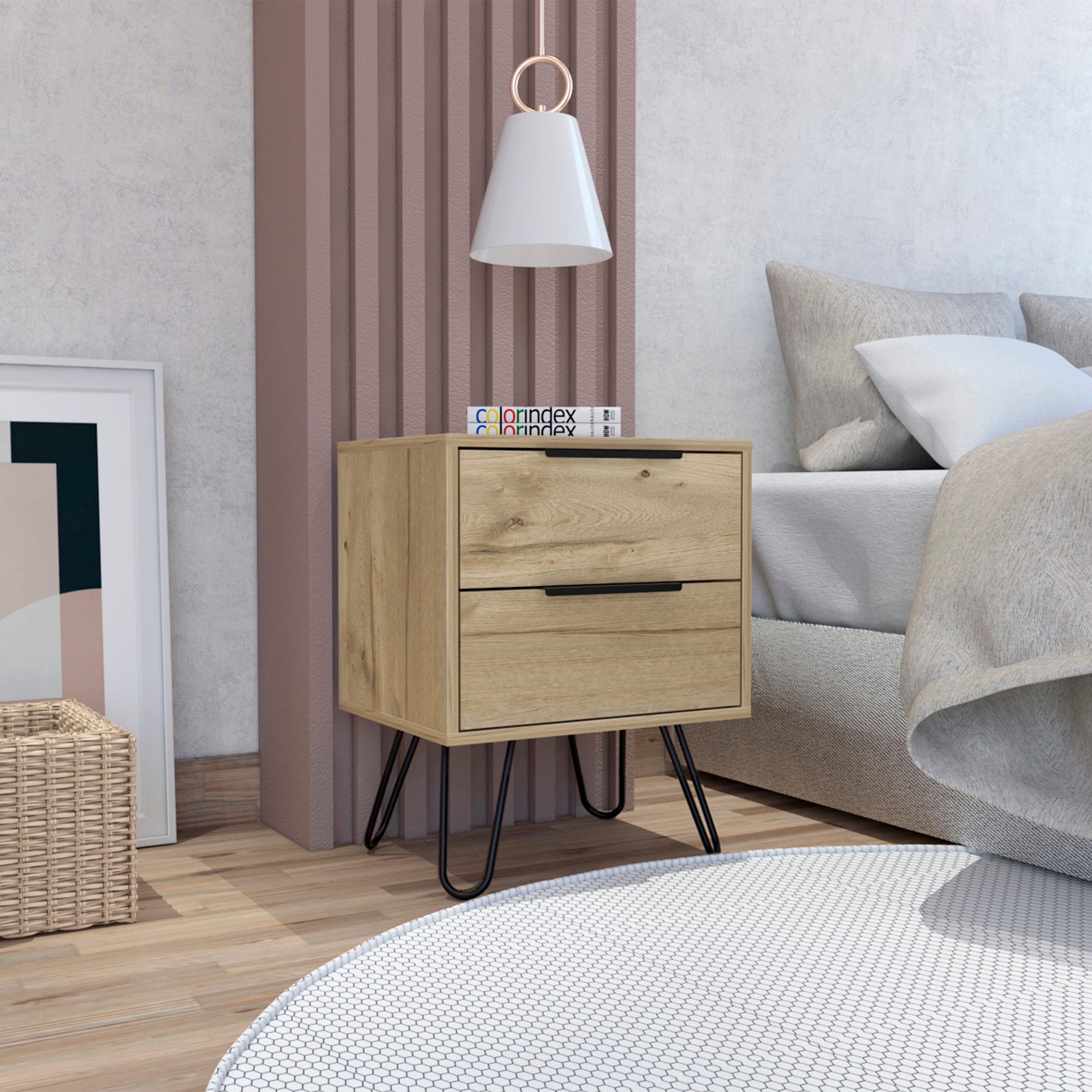 2 Drawer Rectangle Nightstand Light Oak for Bedroom
