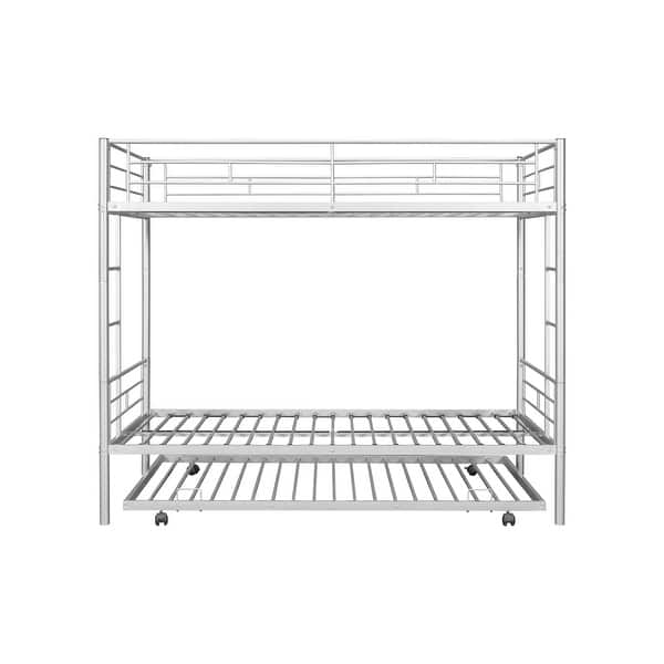 slide 2 of 16, Metal Bunk Bed Frame with Trundle, Sturdy Guard Rail and 2 Sideladders Silver