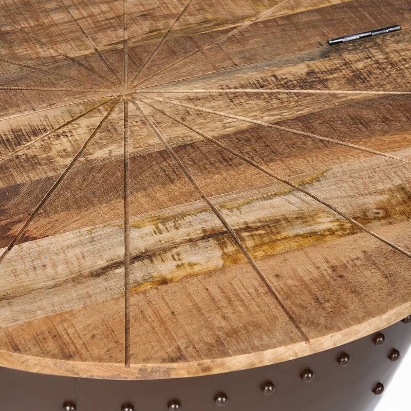 Roomfitters Round Coffee Table, Wood Top Living Room Center Table with Iron Base, Modern Industrial Design, Natural+Brown