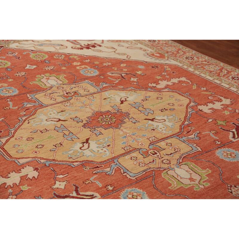 Vegetable Dye Orange Heriz Serapi Oriental Rug Handmade Wool Carpet - 8'11"x 11'8"
