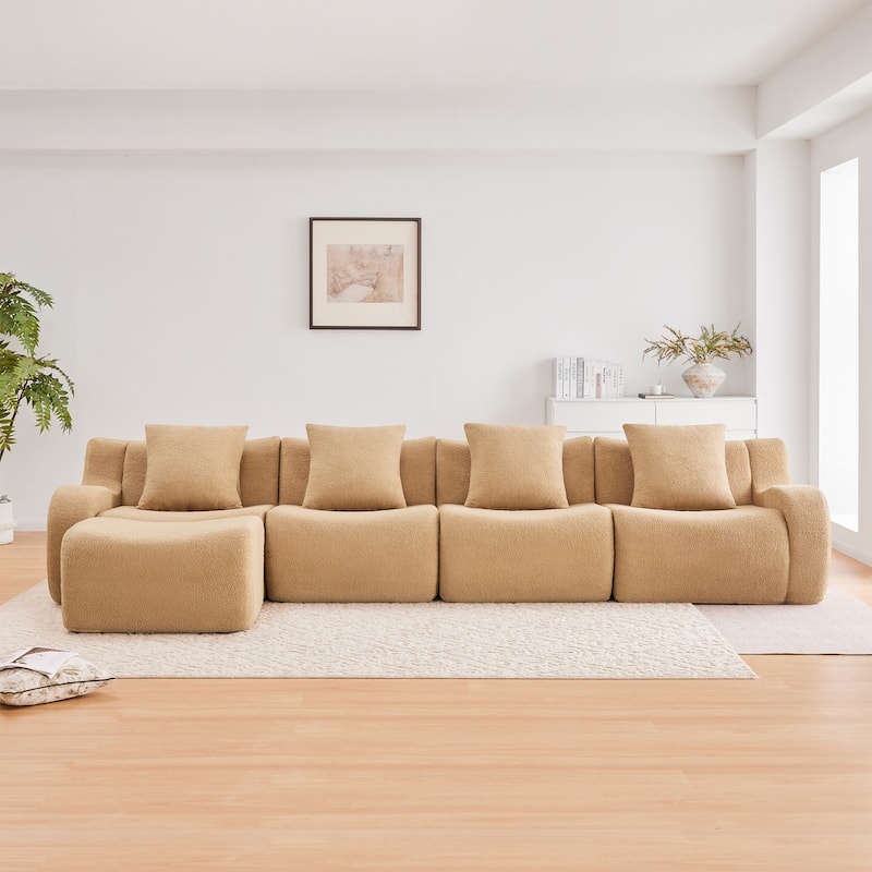 Oversized Sectional Sofa with Ottoman for Living Room, 118" Modern Floor Teddy Fabric Sofa L-Shape Couch with 4 Throw Pillows