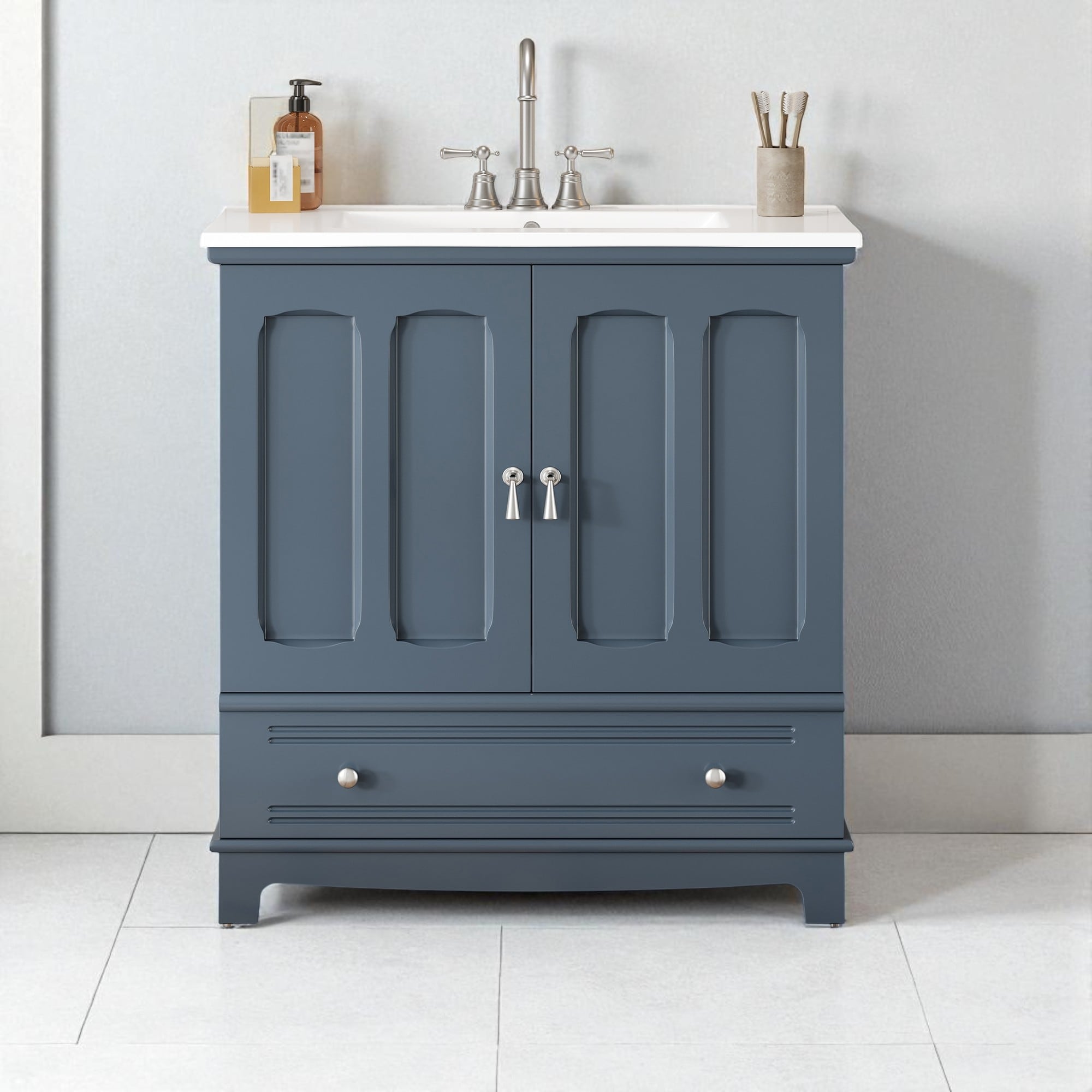 30" Bathroom Vanity with Integrated Ceramic Sink, Adjustable Shelf, Drawer with Divider and Solid Wood Frame