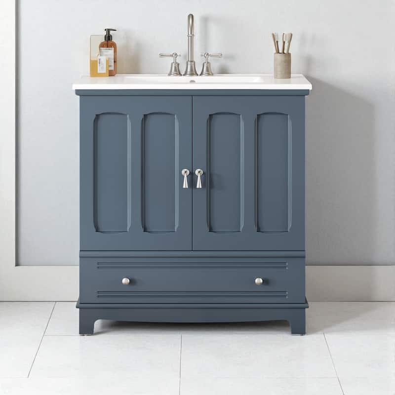 30" Bathroom Vanity with Integrated Ceramic Sink, Adjustable Shelf, Drawer with Divider and Solid Wood Frame - Blue