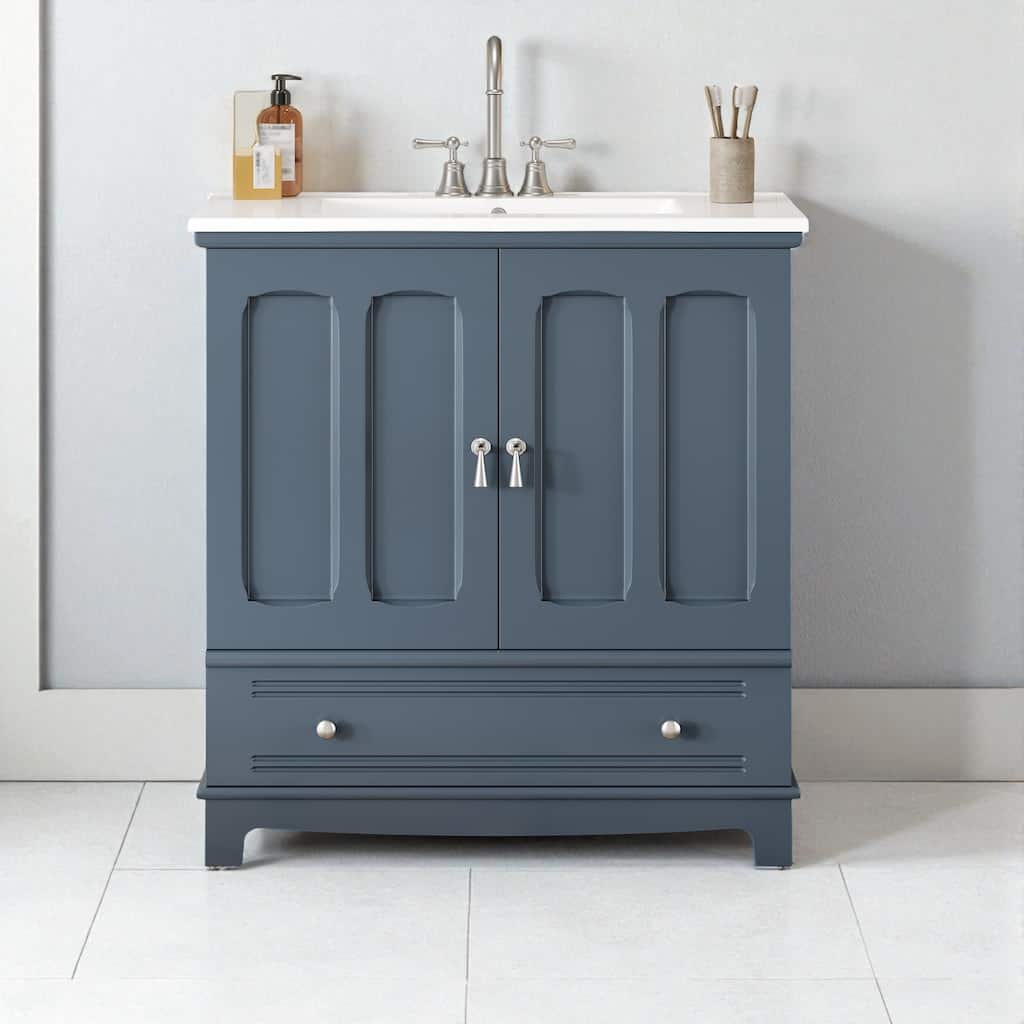 30" Bathroom Vanity with Integrated Ceramic Sink, Adjustable Shelf, Drawer with Divider and Solid Wood Frame