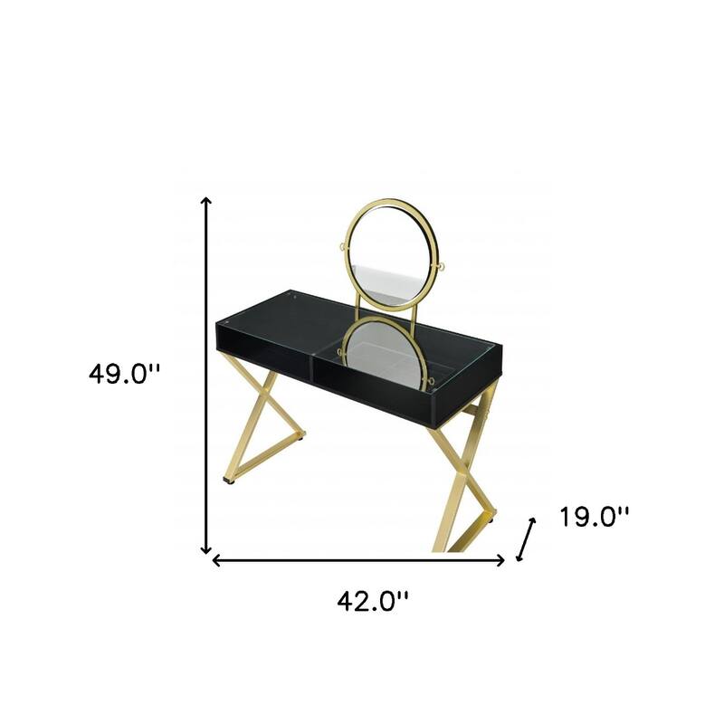 Black Gold Wood Modern Mirrored Dresser with 2 Drawers and Vanity Mirror - 42” L x 19"W x 49" H