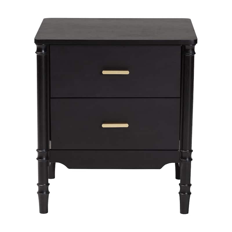 Marisela Black Wood Nightstand with Gold Handles - 2-Drawer Bedside Table with Bamboo-Inspired Legs, Bedroom or Guest Room
