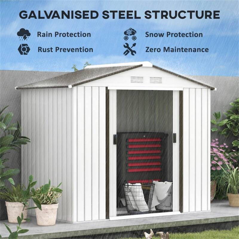 White Galvanized Steel Garden Storage Shed with Sloped Roof and Vents - 80.4" L x 46.8" W x 73.2" H