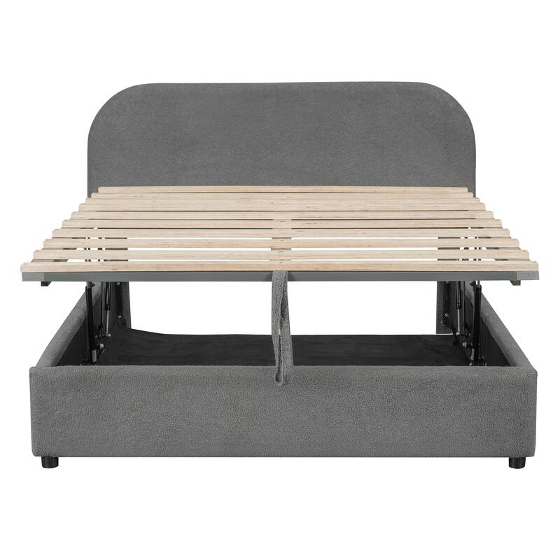 Luxury Teddy Fleece Fabric Bed Frame with Lift Up Storage, Upholstered Platform Bed Frame with Hydraulic Storage System
