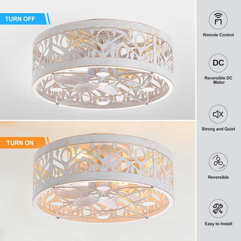 16.5in Vintage Distressed White Flush Mount Caged Ceiling Fan with Remote Light(7-Blade)