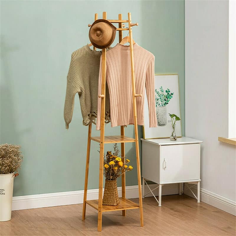 Bamboo Coat Hat Rack Free Clothes stand Standing with 3 Shelves 8 Hooks