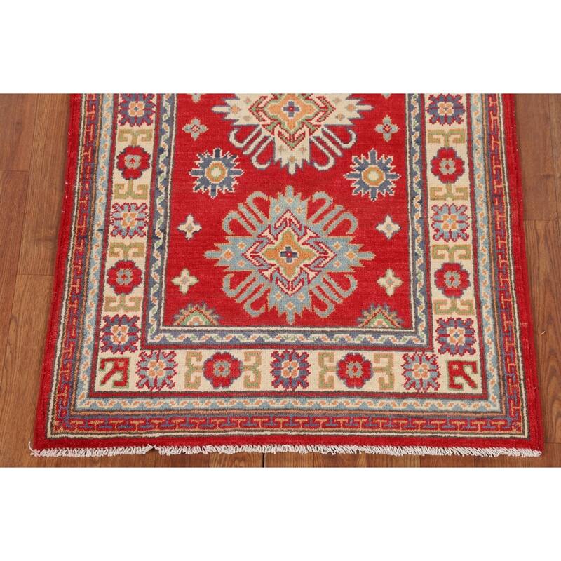 Geometric Red Kazak Foyer Rug Hand-Knotted Oriental Wool Carpet - 2'7" x 4'3"
