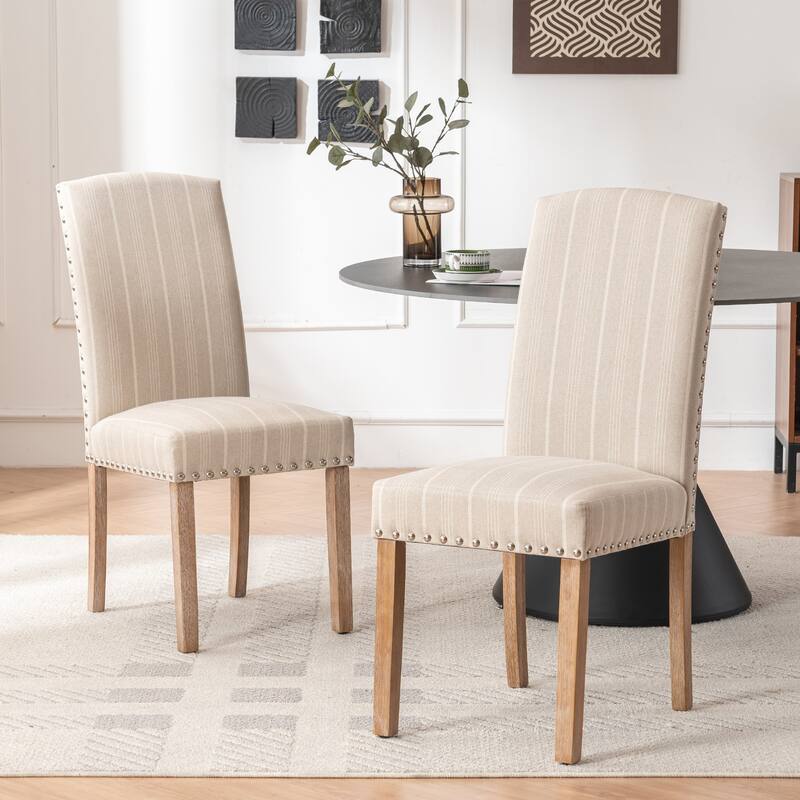 Set of 2 Gray Fabric Dining Chairs with Nailhead Trim - Beige
