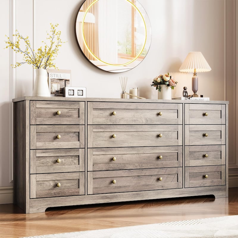 12 Drawer Dresser for Bedroom, Modern Wood Chest with Wide Top for 65" TV, Farmhouse Storage Cabinet - Grey