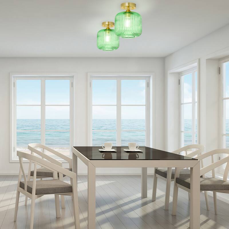 Ignace River of Goods Brushed Gold Metal 10-Inch Ceiling Light with Green Glass Globe Shade - 8" x 8" x 10.25"
