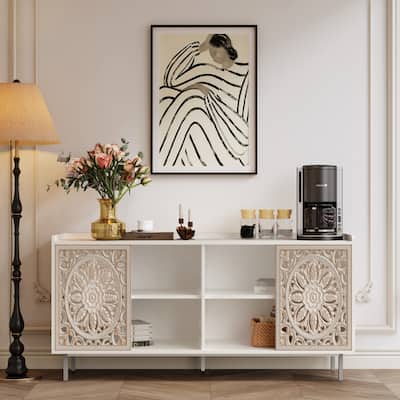 Hollow-carved Wooden Buffet Cabinet Sideboard, Coffee Bar Cabinet Server Table Media Console Table for Kitchen Living Room