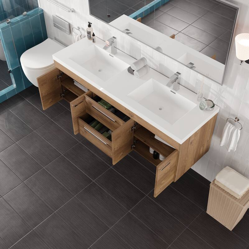 Lugano 60 in. Natural Oak Wallmount DS Bath Vanity with Integrated Acrylic Sinks
