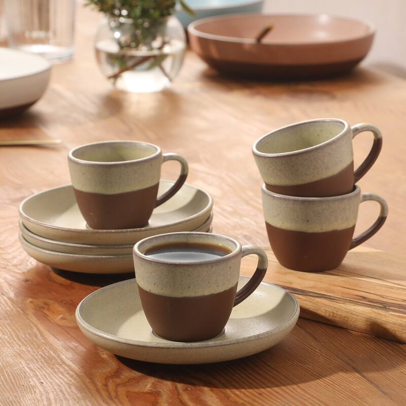 Gibson Elite William Crest 8 Piece Cup & Saucer -3.5oz Espresso Cups, 5.5" Saucers Reactive Stoneware Set