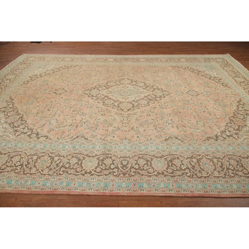 Hand Knotted Oriental 100% Wool Carpet Traditional Floral Coral Mashad Area Rug - 13' 0'' X 9' 5''