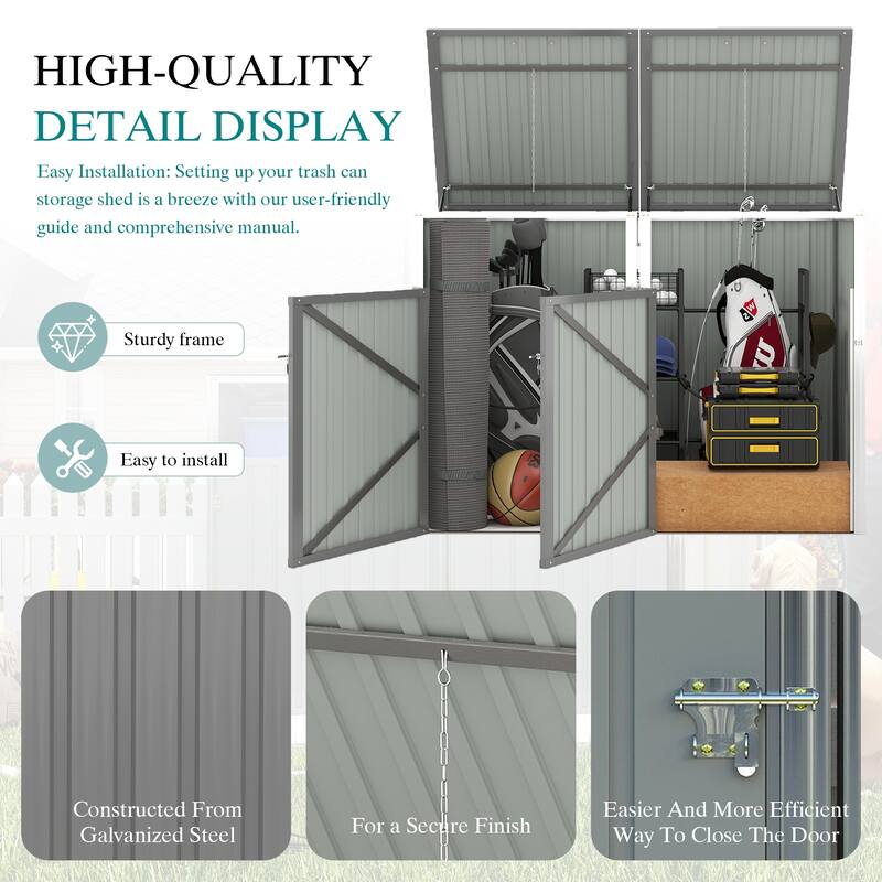 Garbage Bin Shed Stores 2 Trash Cans Metal Outdoor Bin Shed for Garbage Storage, 54 cubic feet of space