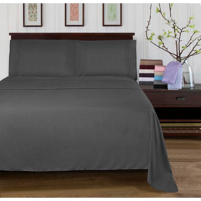 Superior Wrinkle-resistant Embroidered Microfiber Deep Sheet Set - Twin - Charcoal