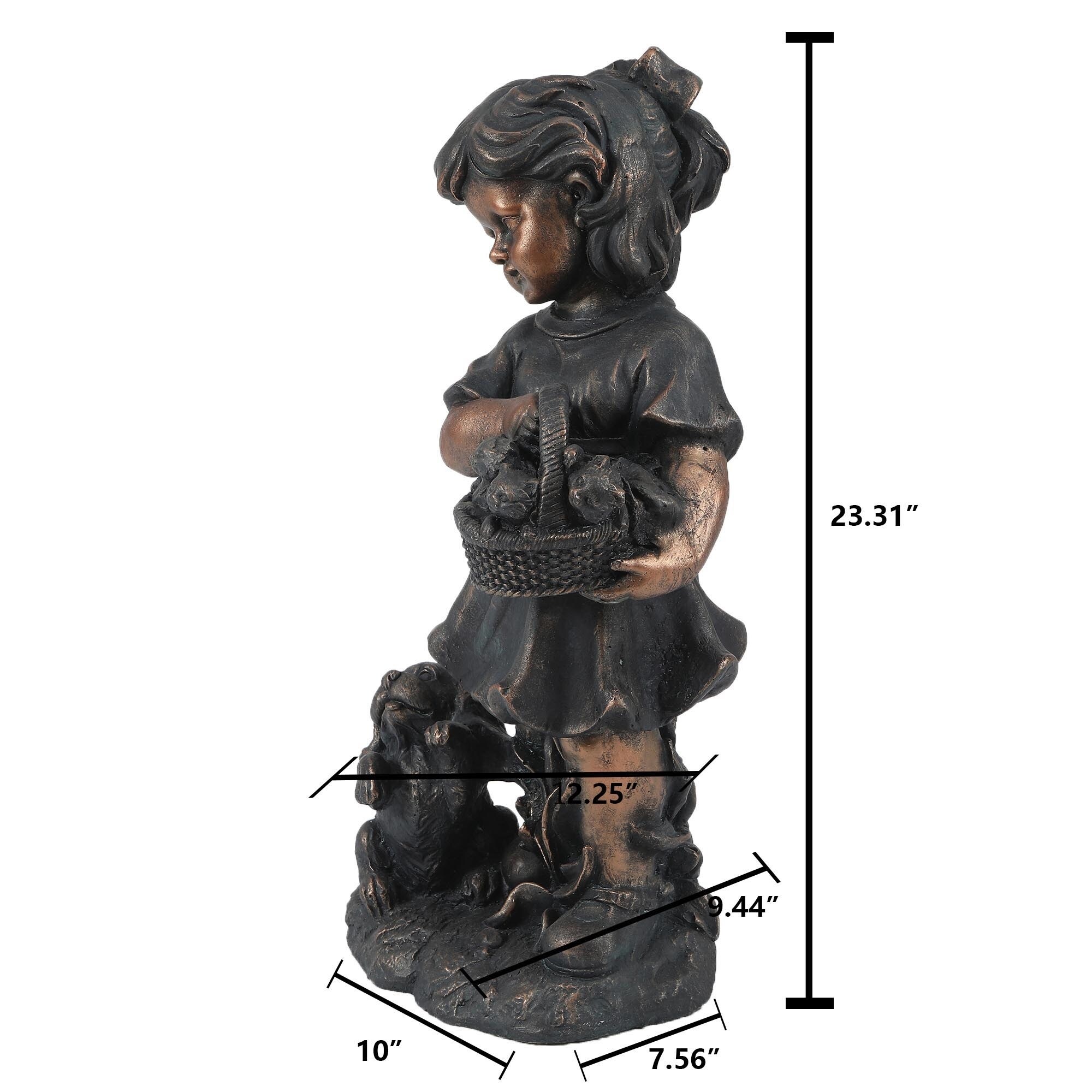 Bronze MgO Girl Holding Basket of Kittens with Puppy Garden Statue