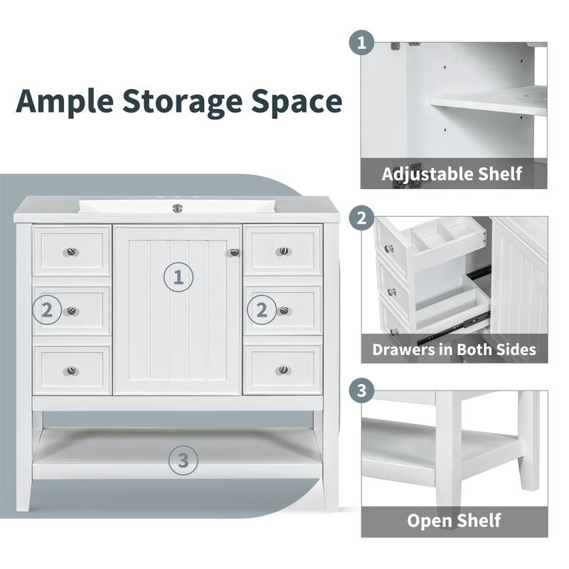 36" Bathroom Vanity w/ Ceramic Sink, 1 Cabinet, 3 Drawers - Solid Wood