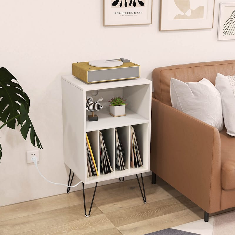 Costway 3-Tier Record Player Stand with Charging Station Shelf & 4 - 21'' x 18'' x 34''