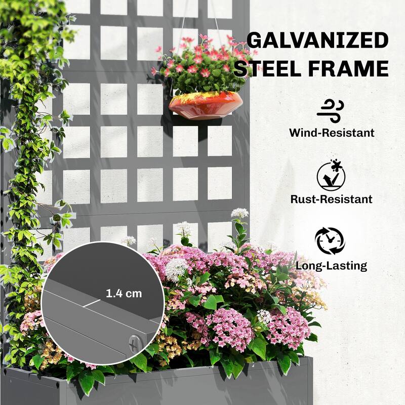 Outsunny Galvanized Raised Garden Bed with Trellis, Metal Planter Box with Drainage Holes