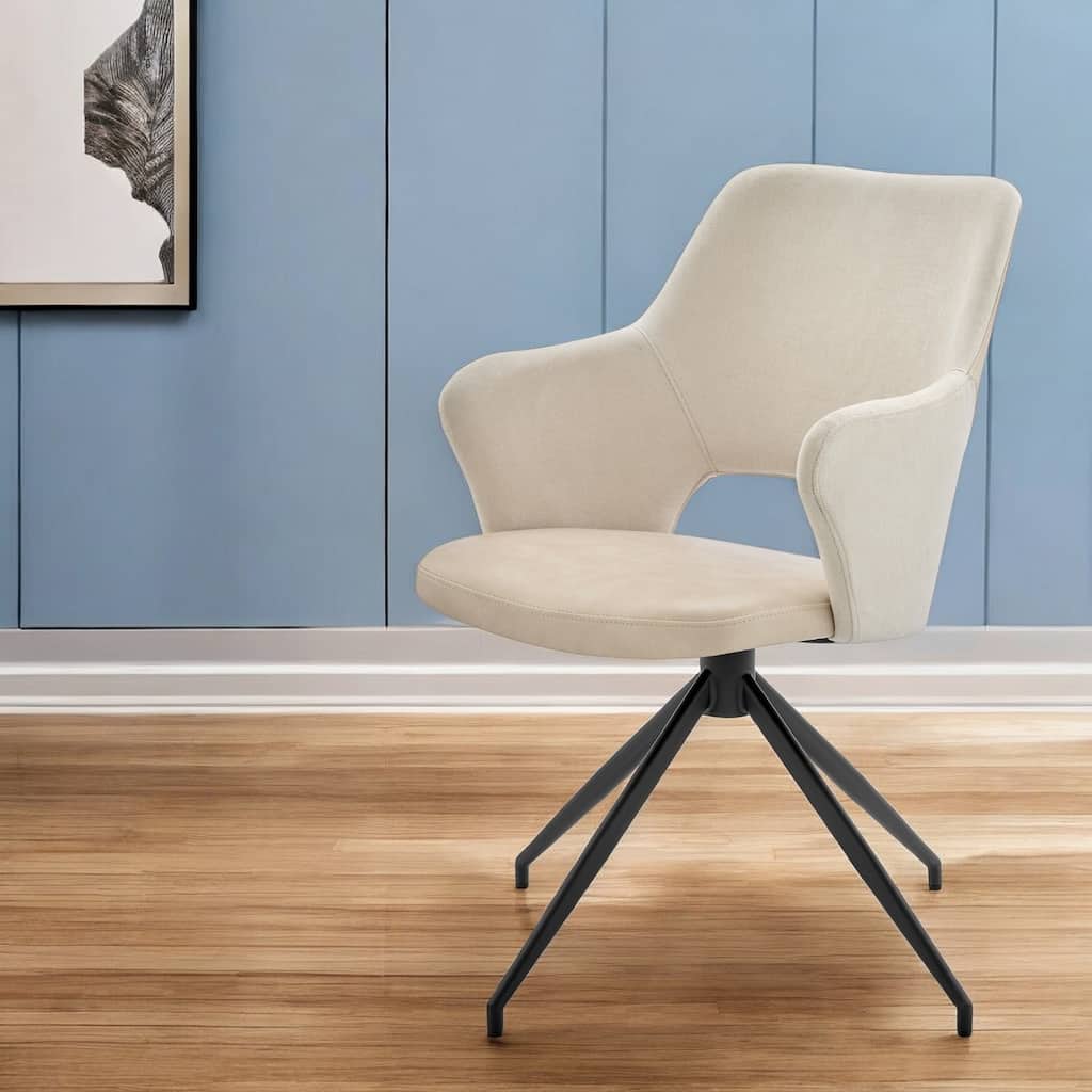 HomeRoots Beige and Black Upholstered Fabric And Faux Leather Open Back Dining Arm Chair - 20.87' X '33.27' X '24.81