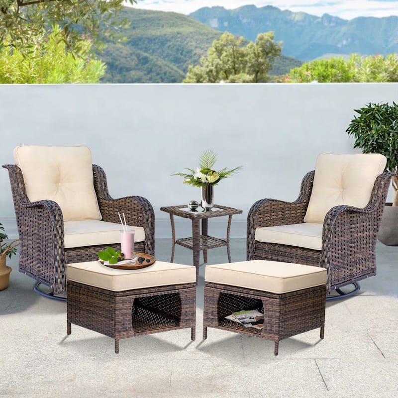5 Piece Outdoor Wicker Patio Swivel Chair with Ottoman Conversation Set - Beige-Brown Wicker