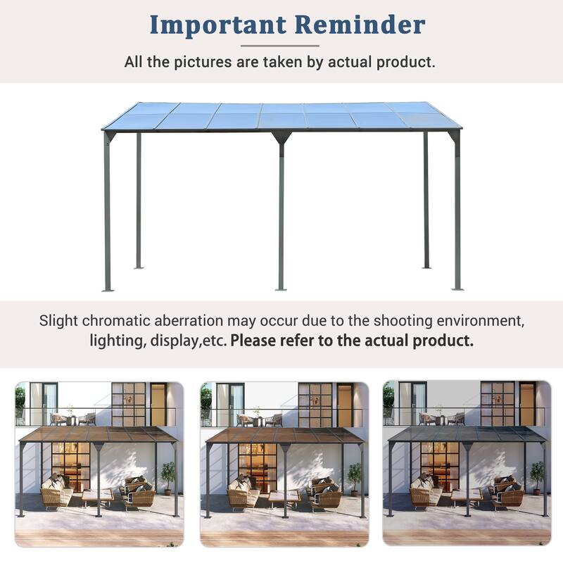 14.76x9.22 FT Wall-Mounted Outdoor Gazebo with Sloped Roof, Powder-Coated Iron Frame & PC Panels for Deck, Garden, Backyard