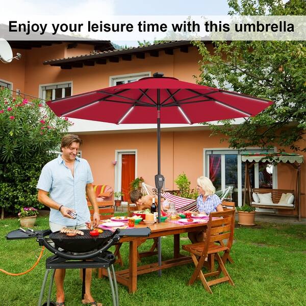 Shop Costway 9 Ft Patio Waterproof Solar Umbrella Led Light Tilt Red Overstock 17756469