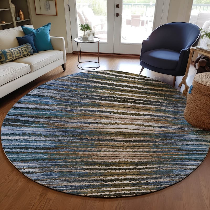 Machine Washable Indoor/ Outdoor Chantille Jagged Stripes Rug - Blue - 8' x 8'