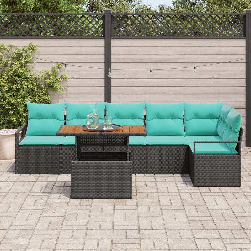 vidaXL 7 Piece Garden Sofa Set with Cushions Black Poly Rattan - 113×48×27.2