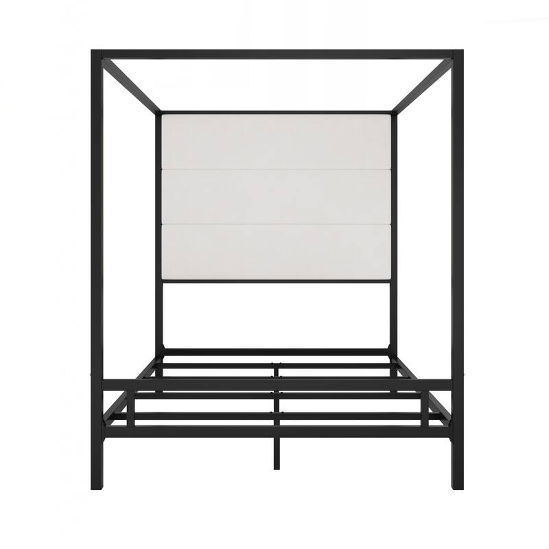 Modern Canopy Bed with 76.5" Tall Fabric Upholstered Headboard Metal 4-Poster Bed Frame