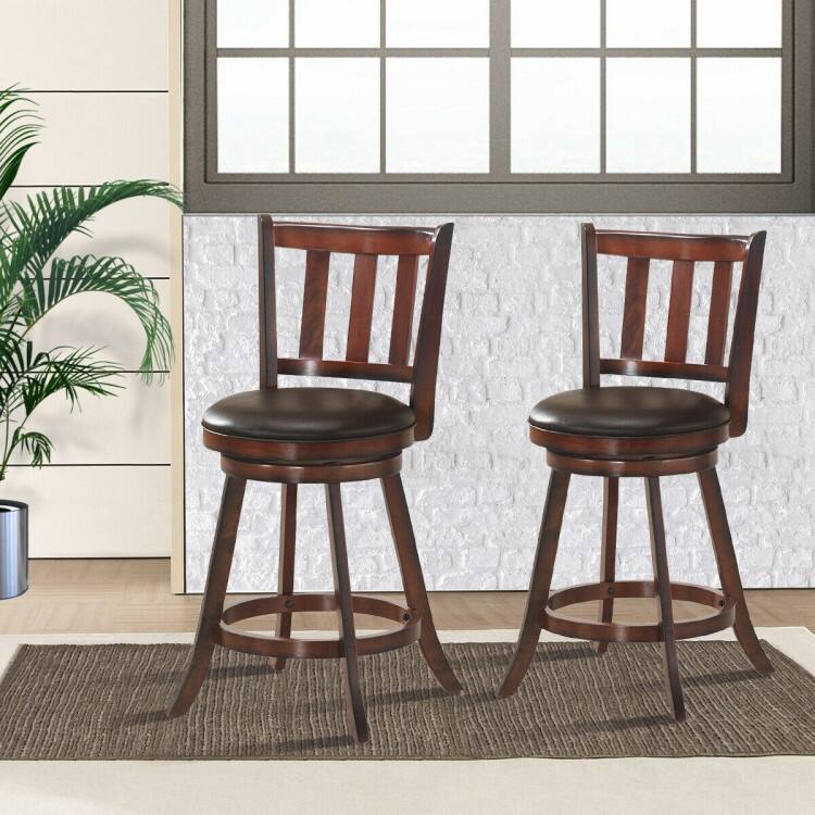 2 Pieces 360 Degree Swivel Wooden Counter Height Bar Stool Set with Cushioned Seat - 25 Inch